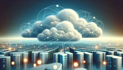 Illustration futuriste de la migration de bases de données MySQL vers AWS RDS avec AWS DMS, montrant des serveurs interconnectés à un nuage numérique avec des flux de données lumineux. Illustre un article sur la migration cloud, la gestion des bases de données et l’automatisation avec AWS