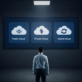 Cette image représente une personne debout devant un écran d'ordinateur sur lequel figurent trois icônes différentes de cloud, intitulées "Cloud public", "Cloud privé" et "Cloud hybride".